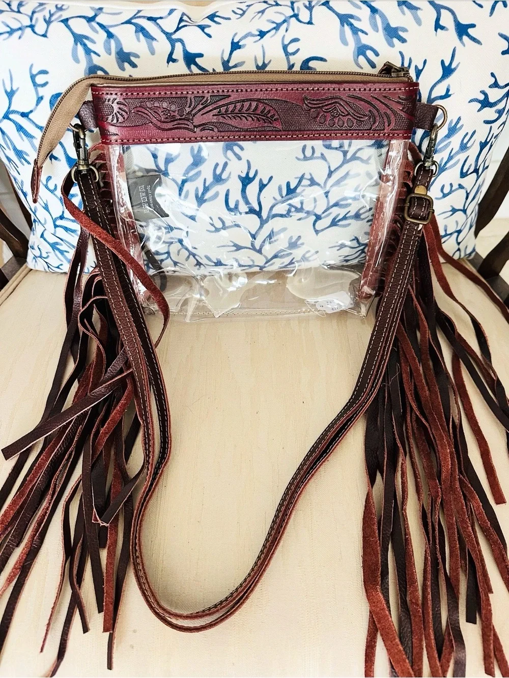 Myra Bag Clear Crossbody with Brown Tooled Leather and Fringe - Picture 1 of 1